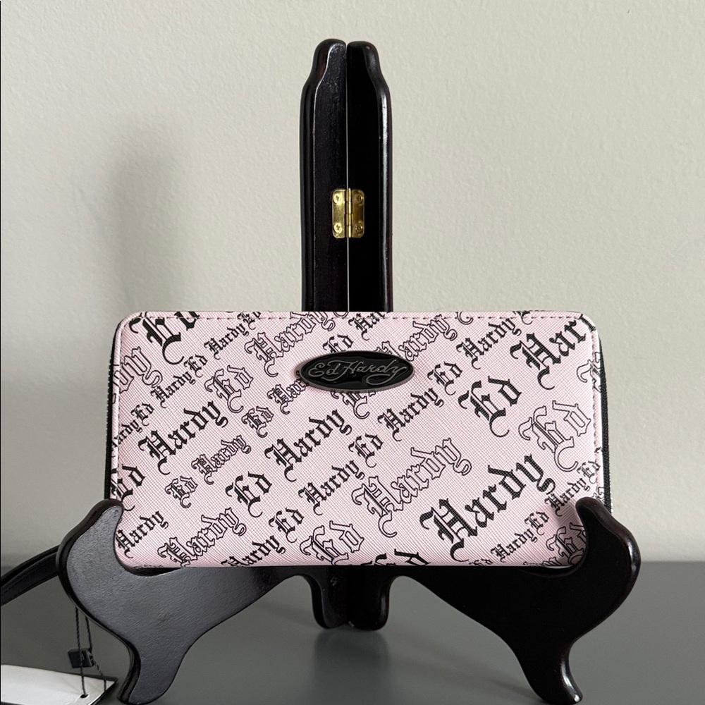 Ed Hardy Pink & Black All Over Logo Zip Around Wallet - NWT